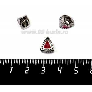 Бусина металлическая Треугольная с эмалью, 10*9 мм, внутреннее отверстие 5 мм, цвет серебро/красный, 1 штука