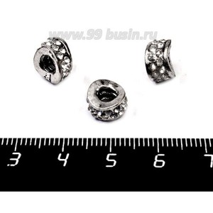Бусина металлическая Спейсер Гнутый бесцветные стразы, 10*6 мм, внутреннее отверстие 4 мм, цвет серебро, 1 штука