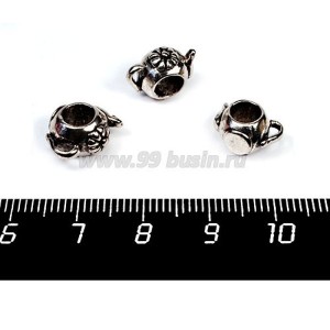 Бусина металлическая Чайничек 12*10 мм, внутреннее отверстие - 4мм, цвет старое серебро, 1 штука