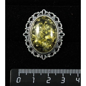 Брошь из янтаря иск., цвет зеленый, с ажурным контуром, цвет ант. серебро, овал 25х18мм