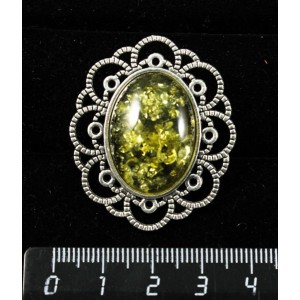 Брошь из янтаря иск., цвет зеленый, овал 25х18мм, "ромашка"