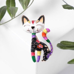 Брошь "Кошка" расписная, цветная, цвет золотистый