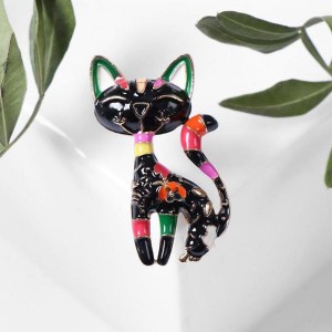 Брошь "Кошка" расписная, цвет чёрный, цвет золотистый