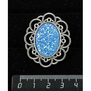 Брошь c кабошоном из пластика "щетка кристаллов",  цвет морская волна, овал 25х18мм, "ромашка"