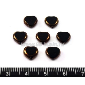 Бусина стеклянная Сердечко 8 мм черное, "медный" кант, плоское непрозрачное 7 шт/упак ЧЕХИЯ