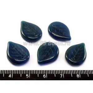 Бусина стеклянная Листик  плоский  сине-зеленый полосатый , 18*13 мм,  5 шт/упак, ЧЕХИЯ