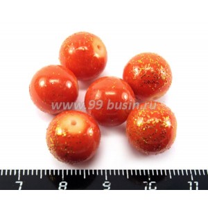 Бусина стеклянная круглая 12 мм оранжевая/золотые блёстки 6 штук/упак