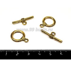 Застежка - Тогл Круг гладкий с веревочкой 20*15 мм, палочка 26*8,5 мм, цвет золото, 2 набора/упаковка