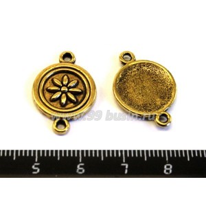 Коннектор Кружок с цветочком 2 петли 23*16 мм, цвет античное золото 1 штука