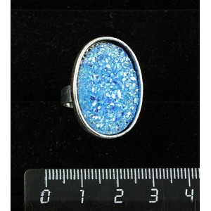 Кольцо c кабошоном из пластика "щетка кристаллов",  цвет морская волна, овал 25х18мм, безразмерное (литая оправа)