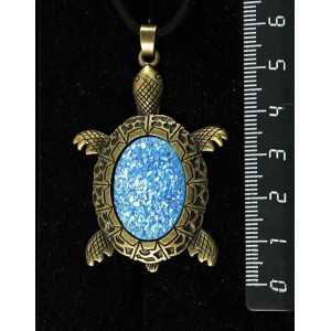 Кулон c кабошоном из пластика "щетка кристаллов",  цвет морская волна, овал 25х18мм, "черепаха" оправа цвет бронза