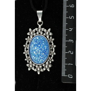 Кулон c кабошоном из пластика "щетка кристаллов",  цвет морская волна, овал 25х18мм, оправа "клумба"