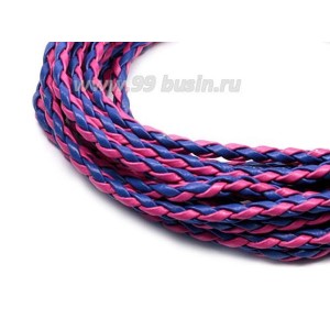Шнур искусственная кожа ПЛЕТЕНЫЙ, толщина 3 мм, цвет розовый/синий, 3 метра/упаковка