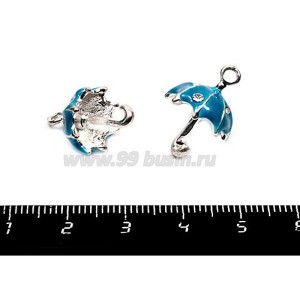 Подвеска Зонтик со стразами 20*13 мм, синяя эмаль, цвет серебро, 1 штука