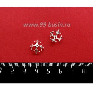 Шапочка для бусин ювелирная Королевская с Фианитами 10*6 мм, для бусины диаметром 8 мм, посеребрение 12 мкн, 1 штука