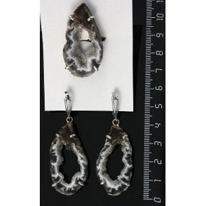 Кольцо и серьги из агата (срез жеоды), капля 38х18мм р-р 17-19