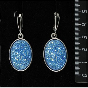 Серьги c кабошоном из пластика "щетка кристаллов",  цвет морская волна, простой овал 25х18мм, швензы посеребрение