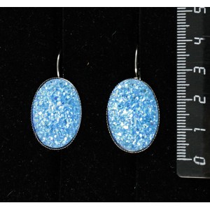 Серьги c кабошоном из пластика "щетка кристаллов",  цвет морская волна, овал 25х18мм, замок петелька