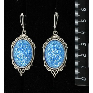 Серьги c кабошоном из пластика "щетка кристаллов",  цвет морская волна, овал 25х18мм, оправа "медальон", швензы посеребрение