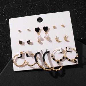 Серьги набор 9 пар "Ночь" кольца, цвет чёрно-белый, цвет золотистый, d=4