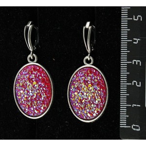 Серьги c кабошоном из пластика "щетка кристаллов", цвет малиновый, простой овал 25х18мм, швензы посеребрение