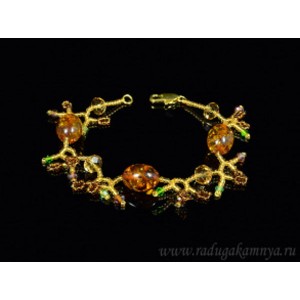 Браслет с янтарем, бисером и цирконом "веточка" коньячный, 20,5см.