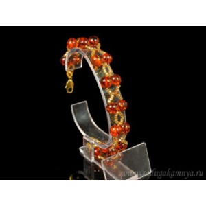 Браслет с янтарем, бисером и цирконом "шарики в 2 ряда" 8мм коньячный, 20см