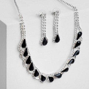 Комплект: серьги, колье "Листопад" капли, цвет чёрно-белый, цвет серебристый