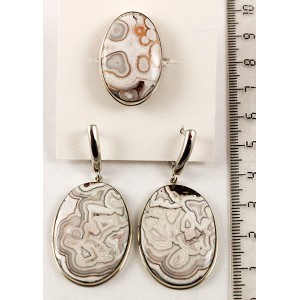 Кольцо и серьги из агата серого, овал 30х22мм р-р 18-19