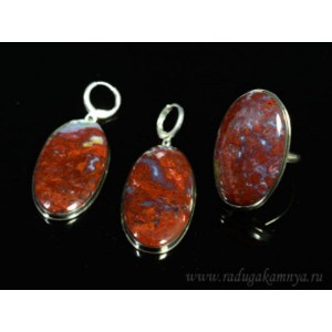 Кольцо и серьги агат красная лагуна овал