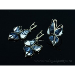 Кольцо и серьги с агатом тиманским и кахолонгом"Бабочка"