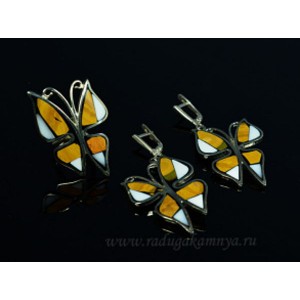 Кольцо и серьги с яшмой и агатом "Бабочка" 25*37мм.