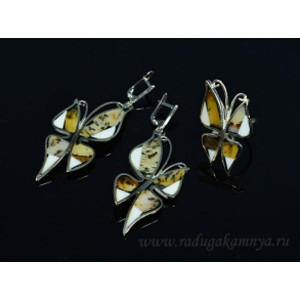 Кольцо и серьги из агата мохового и кахолонга "Бабочки"