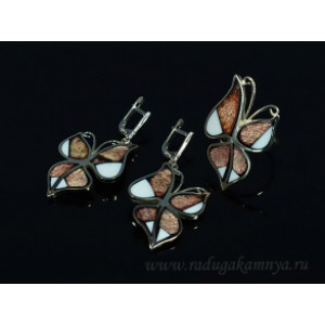 Кольцо и серьги из авантюрина и кахолонга "Бабочки", 25*38мм