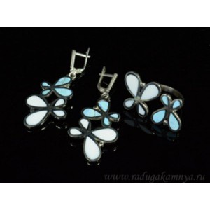 Кольцо и серьги мозаика "Бабочки" из бирюзы и кахолонга