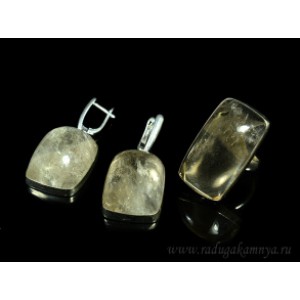 Кольцо и серьги горный хрусталь прямоугольник
