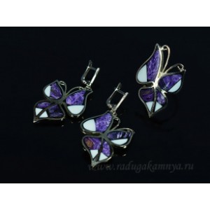Кольцо и серьги из чароита и кахолонга "Бабочки", 25*38мм