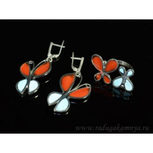 Кольцо и серьги мозаика "Бабочки" из сердолика и бирюзы
