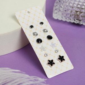 Пусеты 6 пар "Романтика" цветочки, чёрно-белый, цвет серебристый