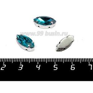 Стразы стеклянные пришивные в цапах "лодочка" 15*7 мм, цвет морская волна, 1 штука