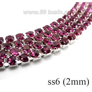 Стразовая цепочка 2 мм (ss6) цвет фуксия/серебристый Тайвань 0,5 метра
