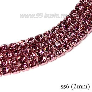 Стразовая цепочка 2 мм (ss6) цвет розовая камелия (металл под цвет страз) Тайвань 0,5 метра