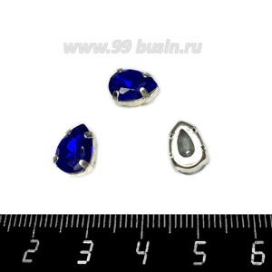 Стразы стеклянные пришивные в латунных цапах форма Капелька 10*7 мм, цвет сердце океана, 1 штука