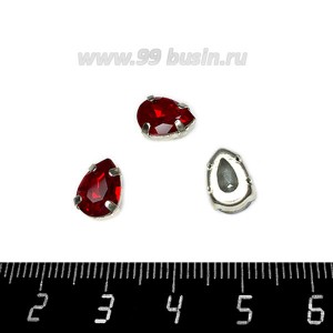 Стразы стеклянные пришивные в латунных цапах Капелька 10*7 мм, цвет насыщенный красный, 1 штука