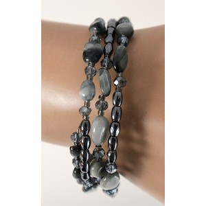 Браслет на струнке кошачий глаз нат. (овалы), гематит (рис), хрусталь, 3-4 оборота