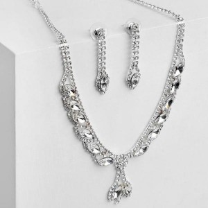 Комплект: серьги, колье "Листопад" ромб, цвет белый, цвет серебристый