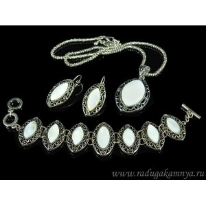 Кулон, браслет и серьги с перламутром, узкий овал, узор "лоза"