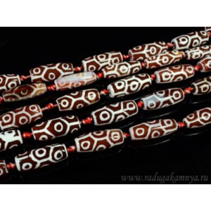 Бусины из агата дзи "9 глаз" бочонок 11*30мм, цв.красно-белый, 36см, 10 бусин