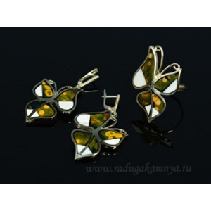 Кольцо и серьги с агатом крэйзи и кахолонгом "Бабочки" 26*38мм.