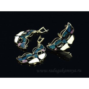 Кольцо и серьги с флюоритом, агатом и аметистом"Маска", 26*45мм.